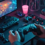Las manos de los jugadores que sostienen un controlador junto a una consola de juego rodeada de códigos de programación y actualizaciones de juego.