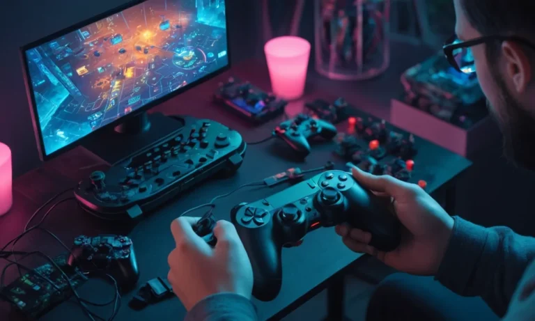 Las manos de los jugadores que sostienen un controlador junto a una consola de juego rodeada de códigos de programación y actualizaciones de juego.