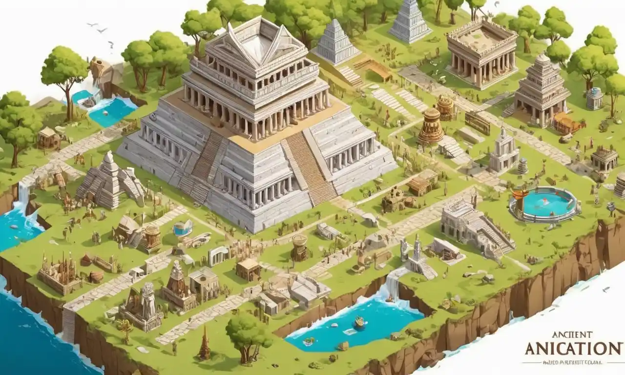 Antiguas civilizaciones representadas en una línea temporal con artefactos culturales y símbolos.