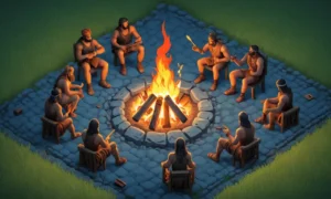 Figuras humanas antiguas se reunieron alrededor de un fuego