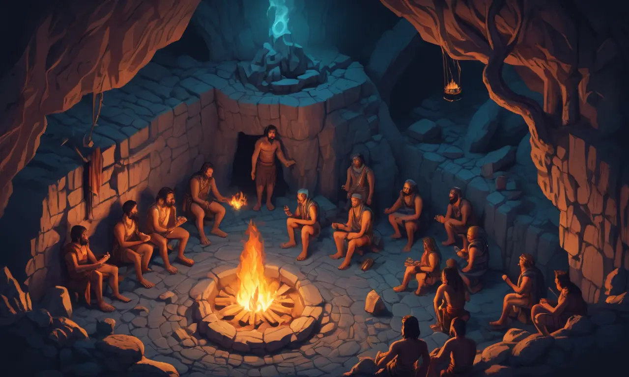 Los humanos antiguos se reunieron alrededor de un fuego, representando escenas ritualistas en las paredes de la cueva.