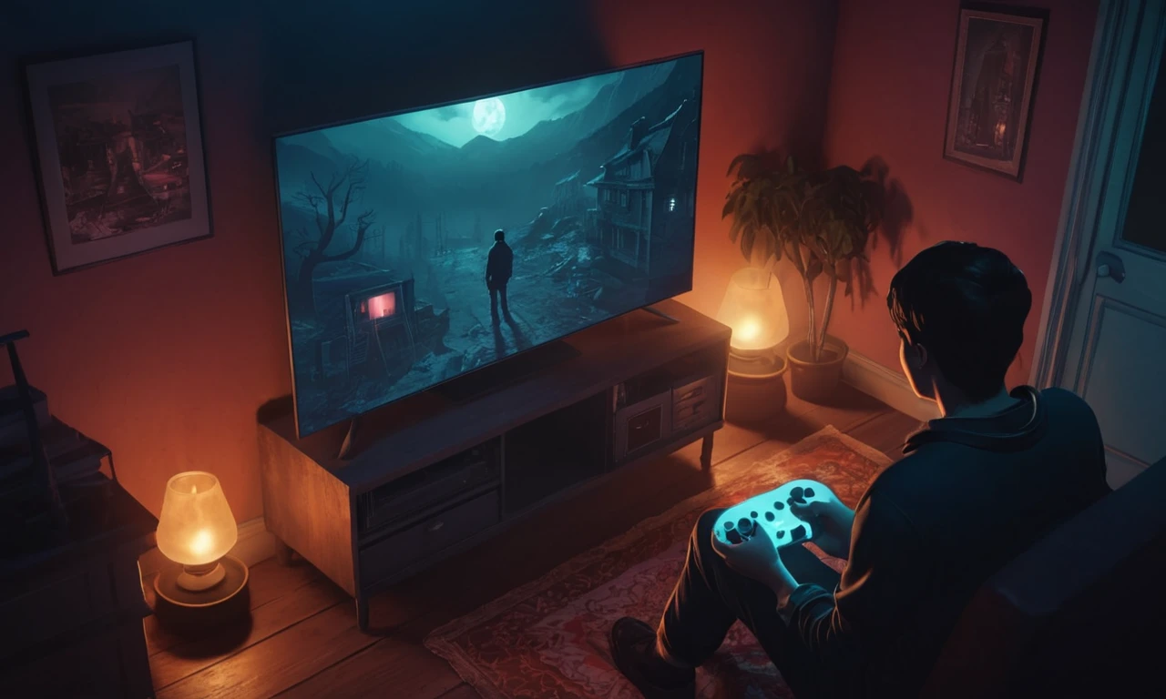 Una persona rodeada de ambiente extraño, sosteniendo un controlador y mirando una pantalla de televisión mostrando un juego de terror de supervivencia.