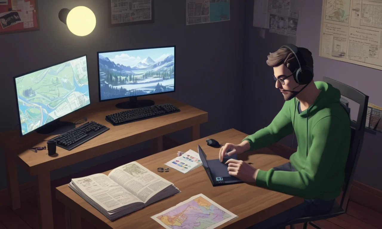 Un jugador sentado frente a una computadora, rodeado de manuales de juego y notas, analizando la influencia de otros juegos de aventura en el análisis narrativo de Gone Home.