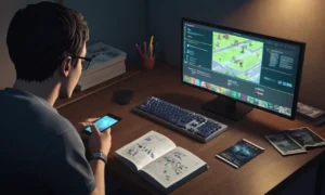 Una persona que estudia un libro de desarrollo del juego en una mesa