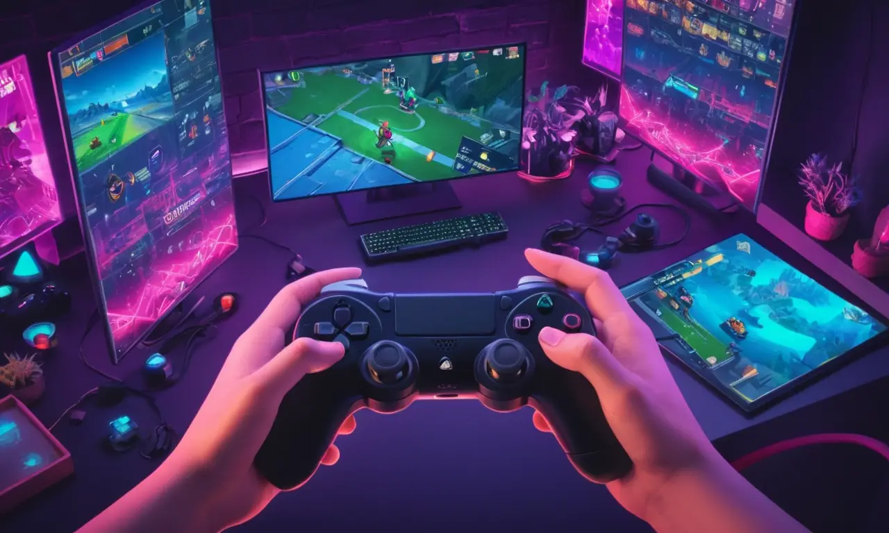 Las manos de los jugadores que sostienen un controlador, con una pantalla portátil que muestra el concepto de un reinicio suave en los videojuegos.