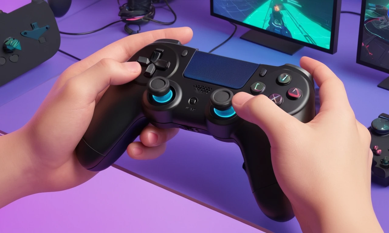 Las manos de los jugadores que sostienen un controlador, rodeado de pantallas de juego con mensajes de error y un botón de reinicio suave.