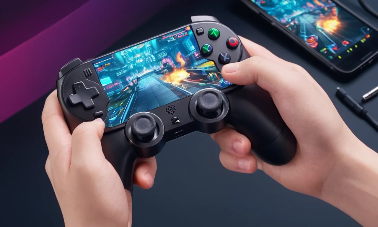 Un jugador sostiene un controlador con un smartphone mostrando un tutorial de juego o menú de configuración en el fondo.