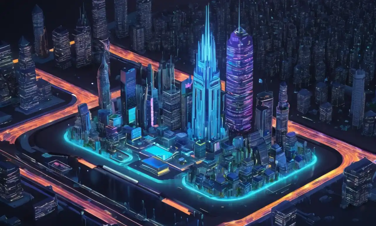 Un futurista paisaje urbano con elementos gráficos 3D y una pantalla portátil que muestra el software de modelado 3D.