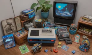 Una captura de pantalla del fallido videojuego E.T. en una antigua consola Atari rodeada de elementos nostálgicos.