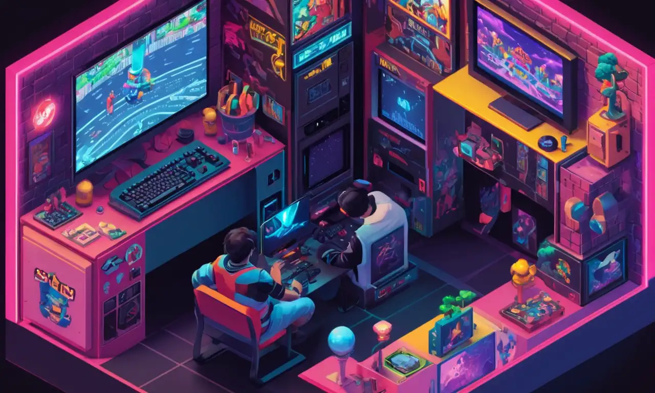 Una persona jugando videojuegos en un ordenador rodeado de elementos de arcade nostálgicos.