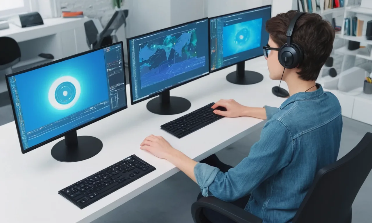 Una persona frente a una pantalla de computadora con software de diseño abierto, centrándose en crear un avatar.