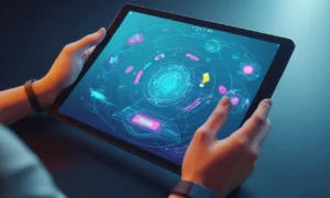 Las manos de un artista sostienen una tableta con un diseño avatar futurista en la pantalla.