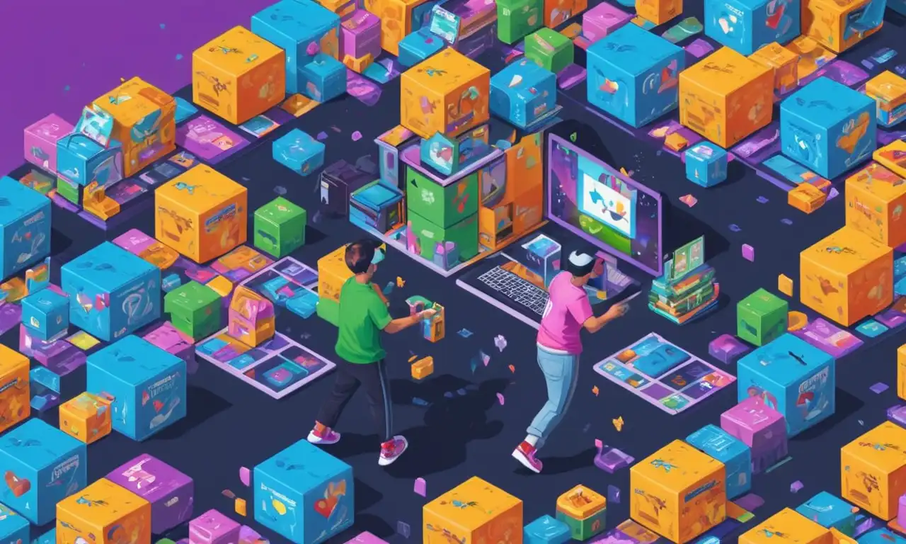 Una persona jugando videojuegos rodeado de cajas de donación de caridad y logos.