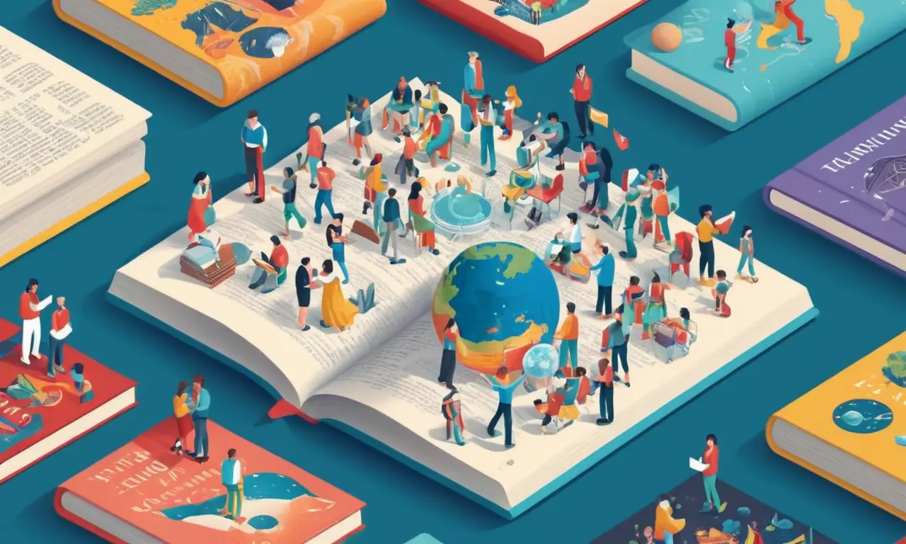 Una persona que tiene un libro con diferentes géneros y autores que los rodean, representando la evolución del género con el tiempo.