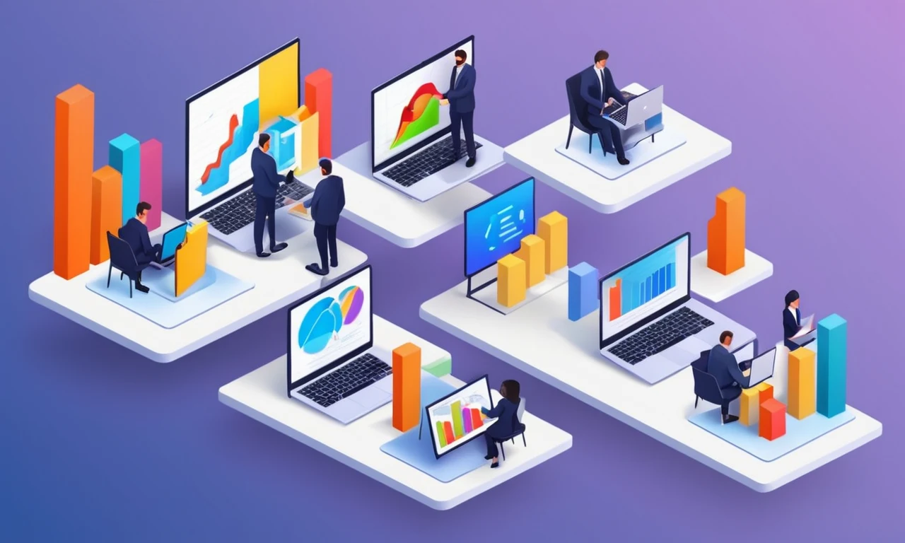 Personas de negocios mirando ordenadores portátiles con gráficos y gráficos en la pantalla.