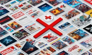 Una pantalla que muestra el logotipo de juegos con un símbolo rojo X sobre él