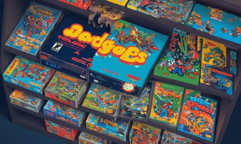 Un arte de la cubierta del juego de la consola retro mostrada en un estante de coleccionistas.