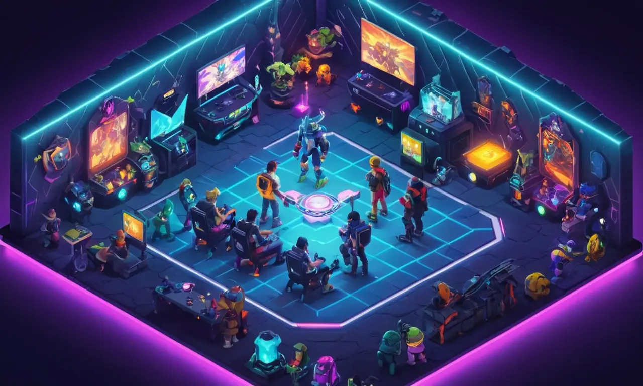 Un grupo de jugadores se reunieron alrededor de un campo de batalla virtual con varios modos de juego y personajes.