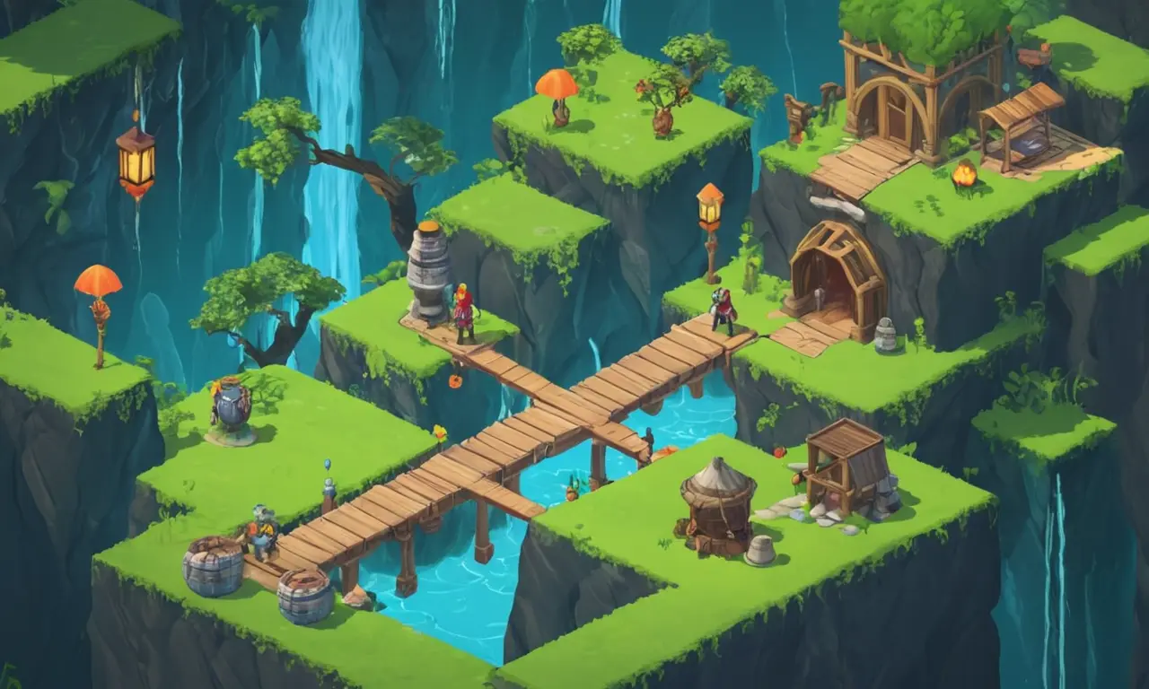 Una captura de pantalla de un juego de acción-aventura con personajes y obstáculos en un entorno de fantasía.