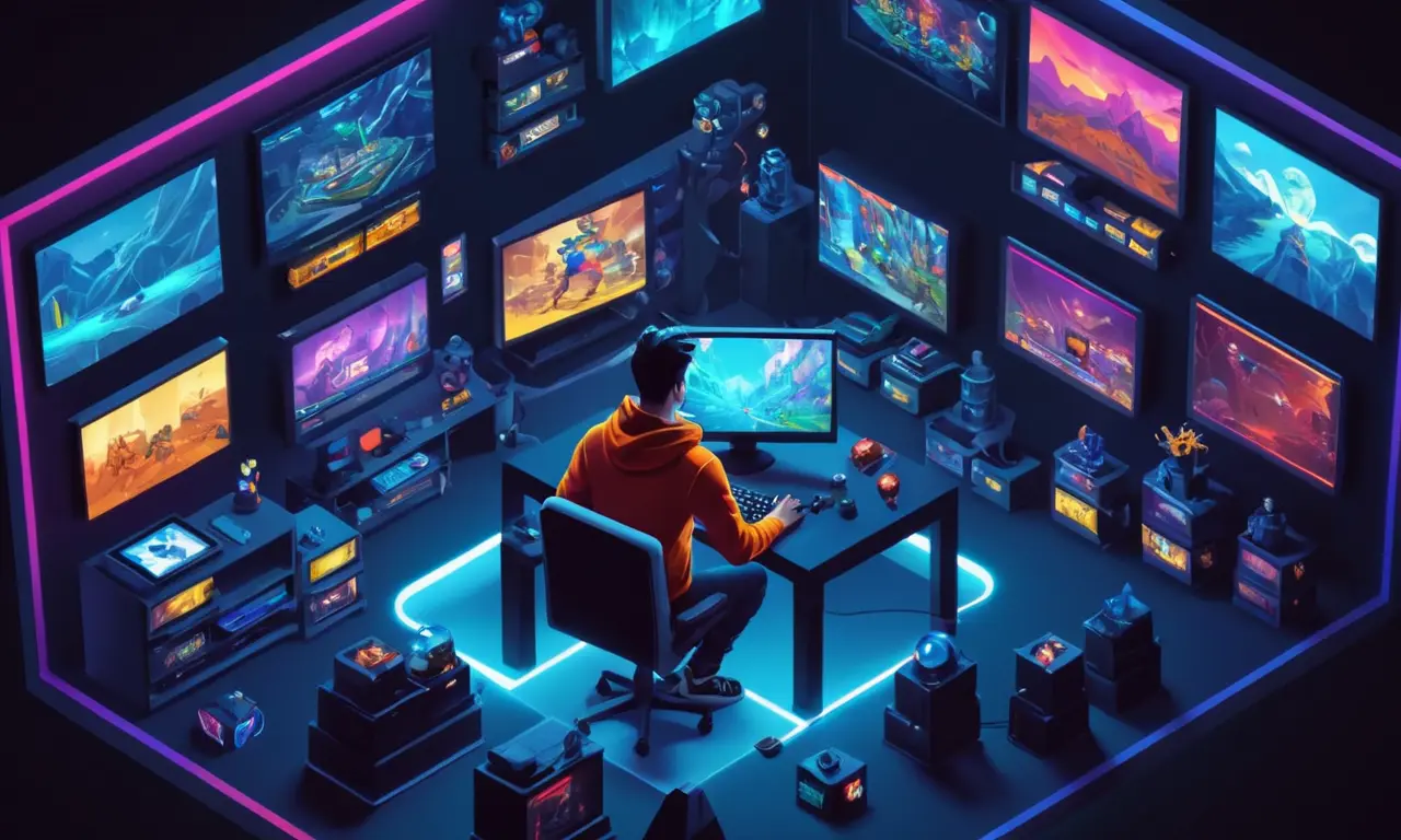 Un jugador rodeado de pantallas que muestran varios juegos de acción-aventura.