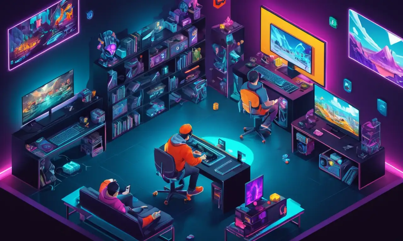 Un jugador rodeado de pantallas que muestran diferentes juegos de acción-aventura y otras formas de entretenimiento.