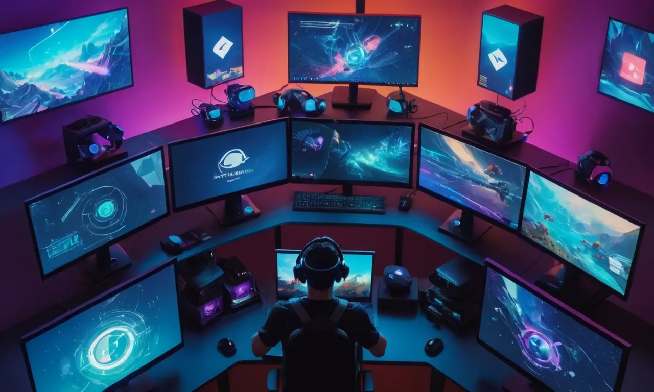 Un jugador con auriculares VR, rodeado de pantallas de computadora que muestran varias modificaciones de juego de realidad virtual.