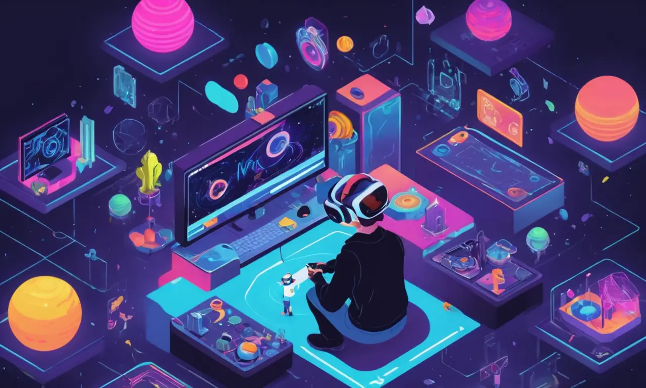 Una persona que lleva un auricular VR jugando un juego rodeado de objetos virtuales y gráficos.