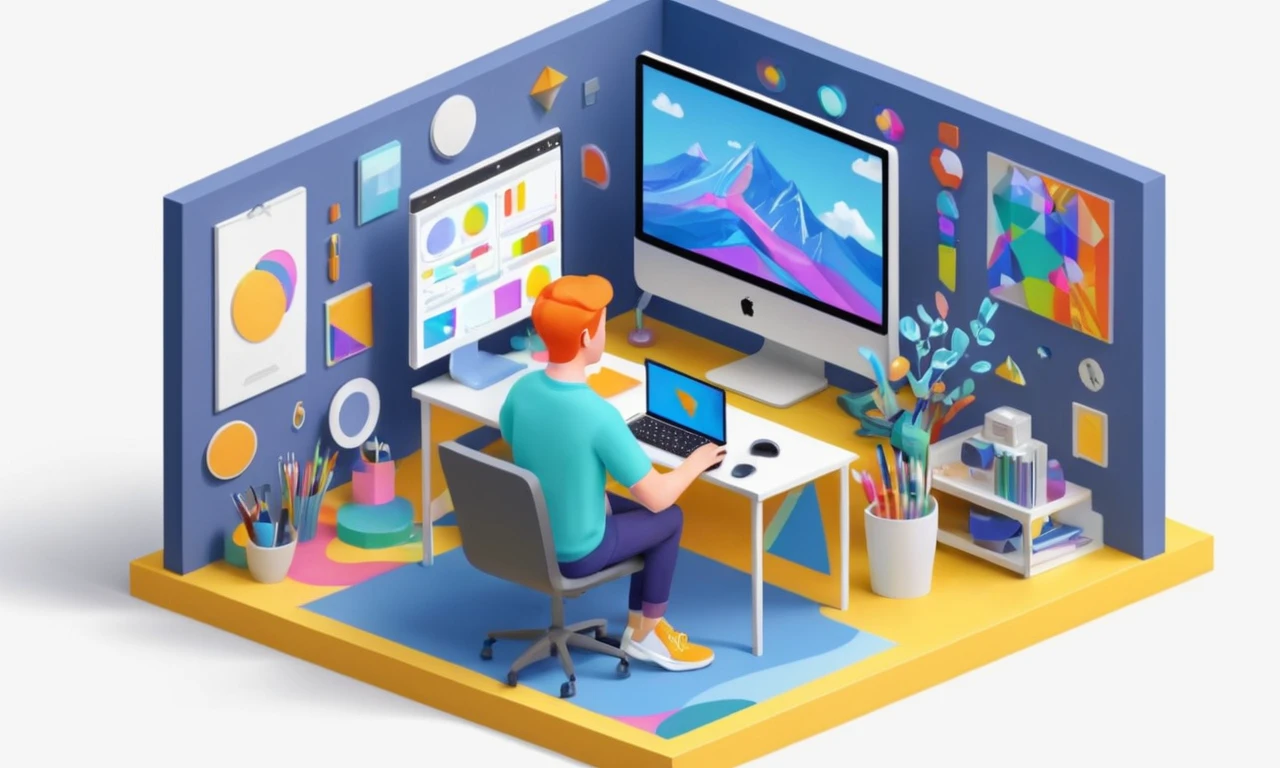 Una persona que personaliza un avatar en una pantalla de computadora, rodeado de herramientas de diseño y opciones coloridas.