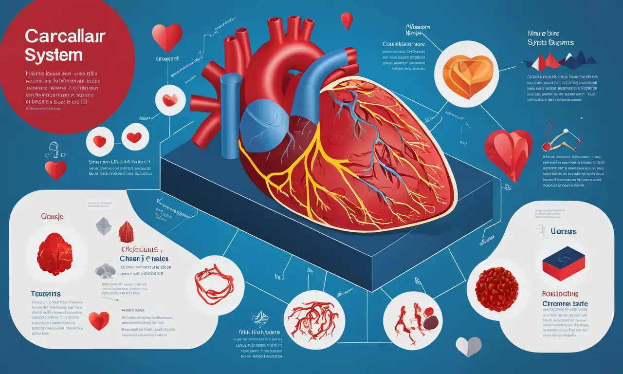 Infografía mostrando varios tipos gráficos (p.ej. gráficos, diagramas) para mejorar el aprendizaje sobre el sistema cardiovascular.
