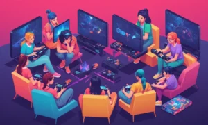 Un grupo de mujeres jugando videojuegos juntos en el primer evento Mujeres en Juegos.