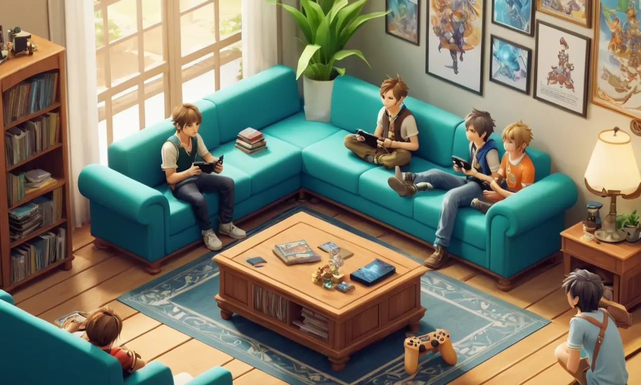 Un grupo de jugadores discutiendo Final Fantasy Crystal Chronicles en un sofá con consolas de juego y carteles.