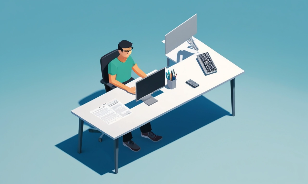 Una persona sentada en un escritorio con papeles y un ordenador abierto a un editor de texto.