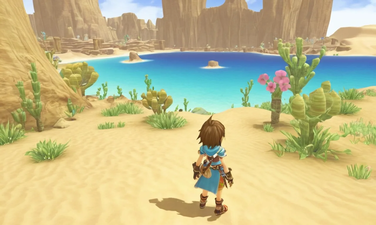 Una captura de pantalla del juego Final Fantasy Crystal Chronicles con un personaje en un ambiente del desierto con un texto de fondo sobre concepto y desarrollo.
