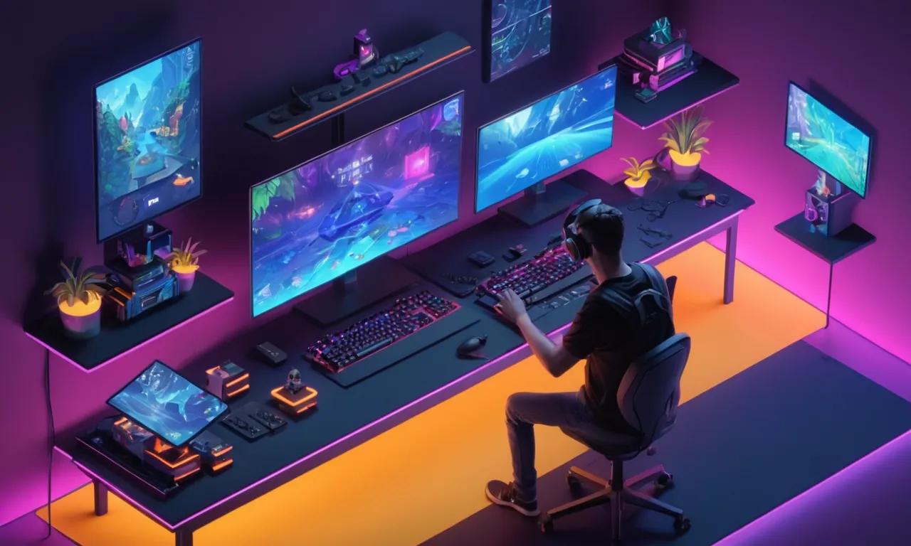 Un jugador interactuando con un entorno de juego virtual en una consola o PC.