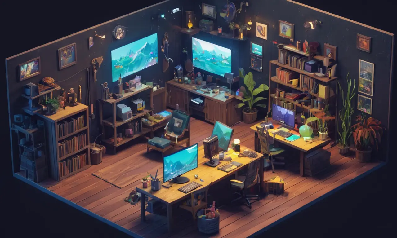 Artistas conceptuales que trabajan en un estudio con imágenes cinematográficas y referencias de diseño de juegos.