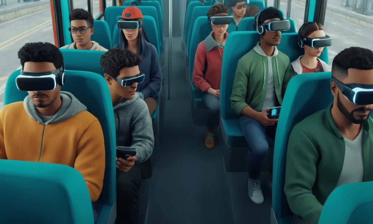 Un grupo de personas sentadas en un autobús, mirando los auriculares de realidad virtual mientras viajan al mundo desconocido de la narración cinematográfica en los videojuegos modernos.