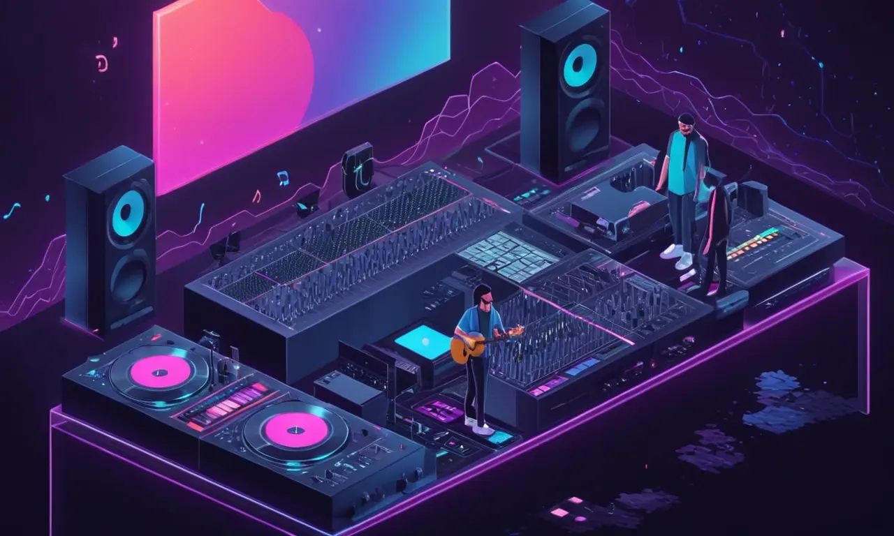 Un músico mezclando sonidos y canciones musicales con imágenes cinematográficas en el fondo.