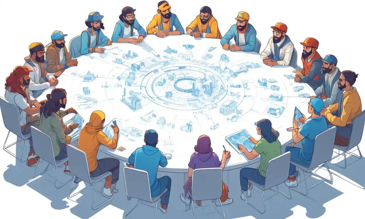 Artistas reunidos alrededor de una pizarra discutiendo el desarrollo de personajes y las historias para un proceso de diseño de juego colaborativo.