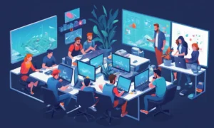 Un equipo de diseñadores se reunió alrededor de una pizarra