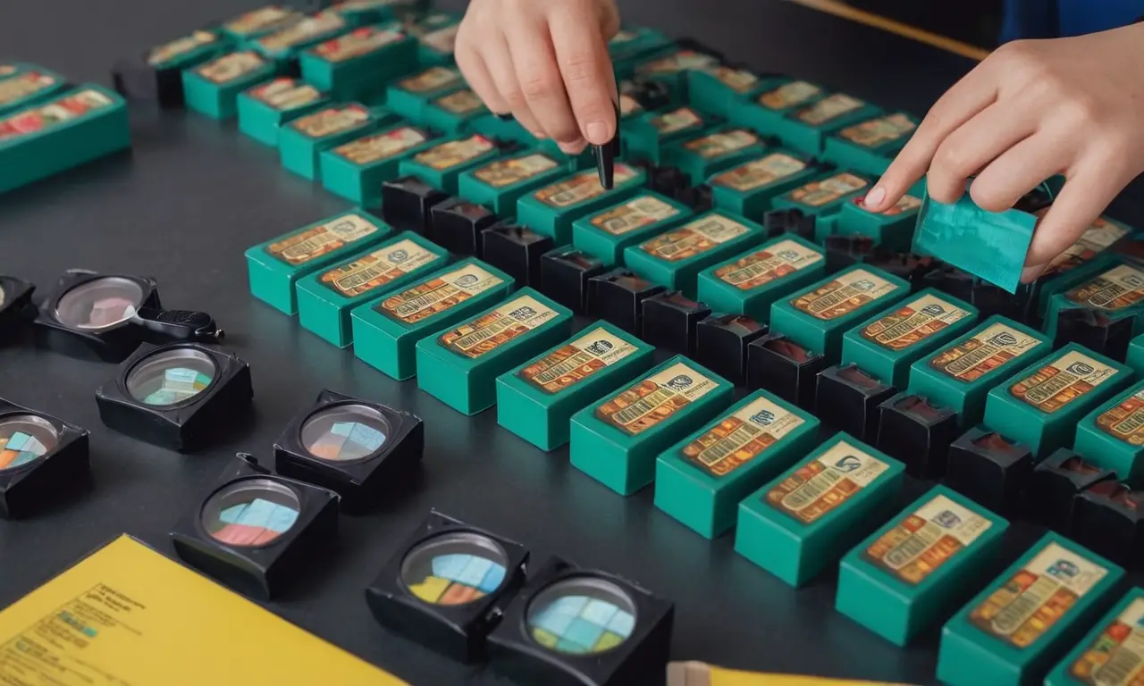 Una persona que examina cartuchos de juego raros en una mesa con gafas de aumento y listas de precios en el fondo.