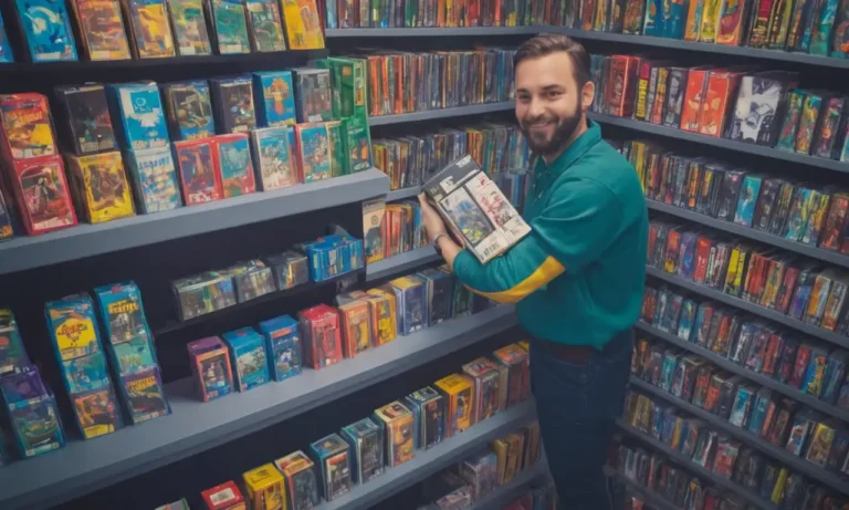 Un coleccionista que sostiene un cartucho de videojuego raro en medio de pilas de cajas de juego y manuales.