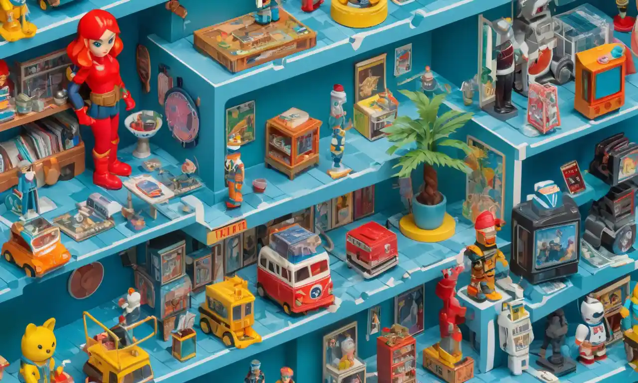 Una persona sentada en medio de una colección de tarjetas comerciales raras y figuras de franquicias populares.