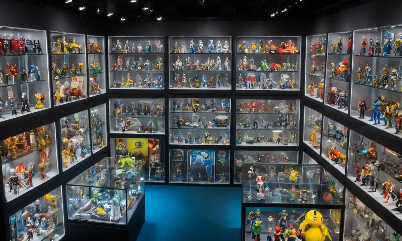 Un caso de exhibición lleno de artículos de mercadería raramente coleccionables de varias franquicias.