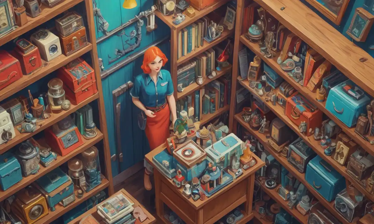 Un coleccionista rodeado de estantes lleno de artículos de mercadería raros y antiguos.