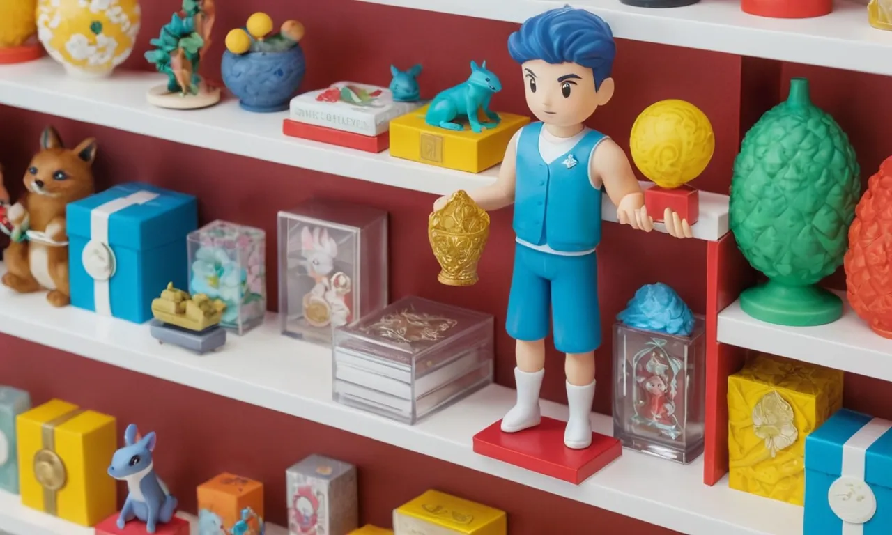 Una persona con una rara figura coleccionable junto a otros artículos de mercancía en un estante.