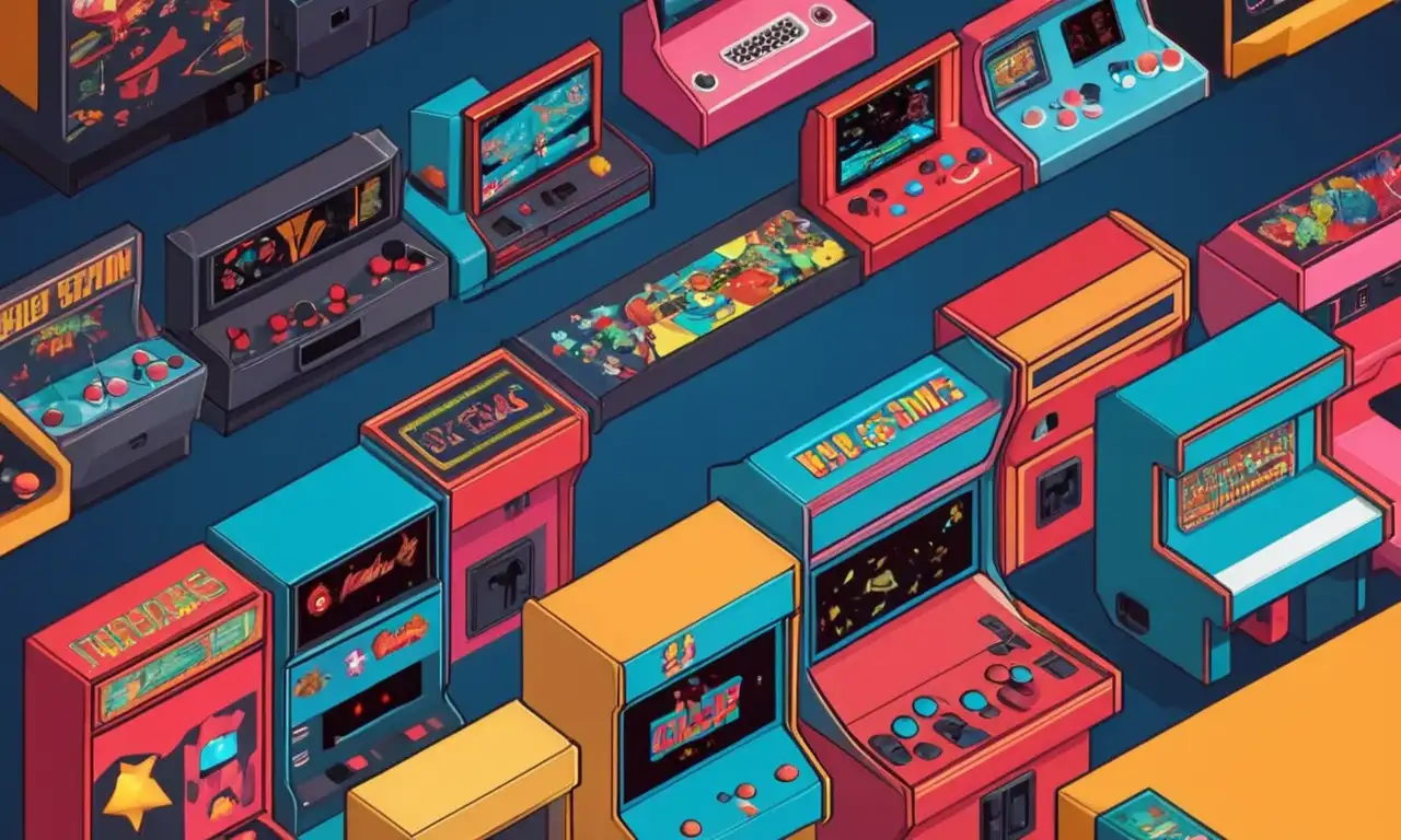 Un estante lleno de varias máquinas de arcade retro con juegos nostálgicos jugando en pantallas.