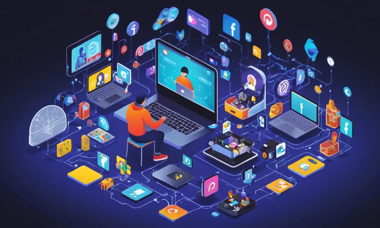 Una persona rodeada de coleccionables con un ordenador portátil y pantallas de redes sociales, simbolizando el poder de las conexiones en línea en la recogida.