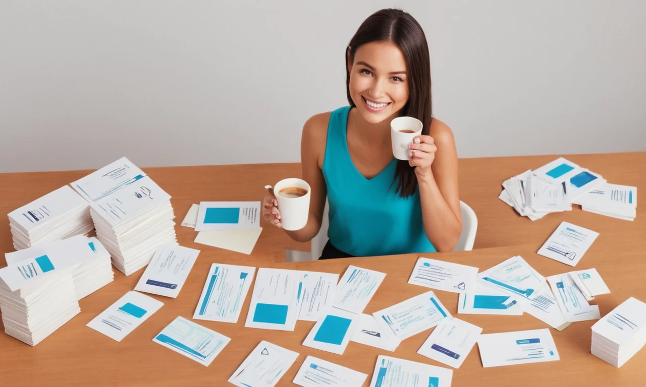 Una persona rodeada de tarjetas de visita y notas, sonriendo con una taza de café.
