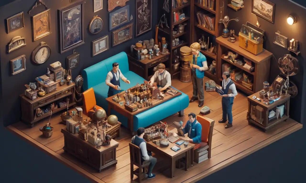 Un grupo de coleccionistas compartiendo conocimientos y recursos rodeado de coleccionistas.