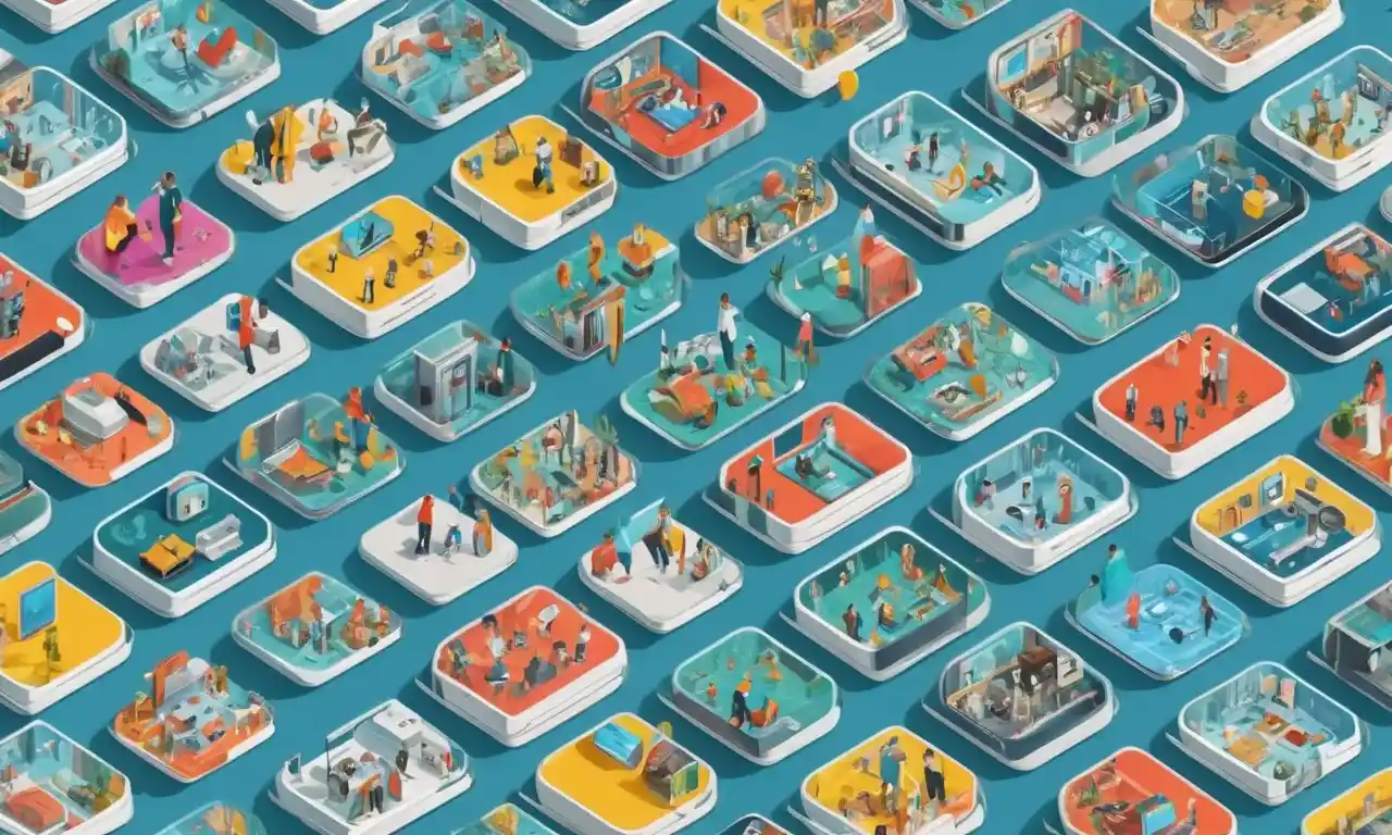 Collage of digital screens, collectible items, and people interacting online.